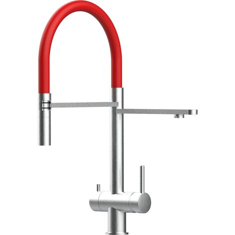 3 Wege Wasserhahn Edelstahl Massiv Kuechenarmatur mit Rot 360 schwenkbarem Auslauf und abnehmbare 2 strahl Handbrause - Edelstahl Gebuerstet