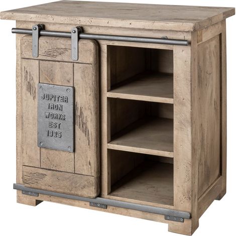 Massivmoebel24 – Commode en bois de manguier massif 70x45 – Finition blanchie – Style industriel avec porte coulissante – 5 compartiments ouverts