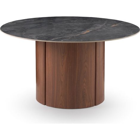 Table de salle à manger ronde de 140 cm de diamètre, en MDF imitation noyer avec plateau en céramique effet marbre gris. (1/4)