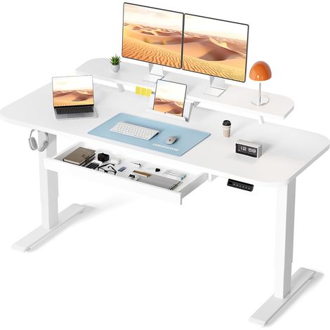 Bureau Assis Debout Électrique, 120x60cm Bureau Électrique avec Rangement, Support Écran, Tiroir, Support pour Ordinateur Portable, avec 3 Hauteurs de Mémoire, Blanc (1/5)