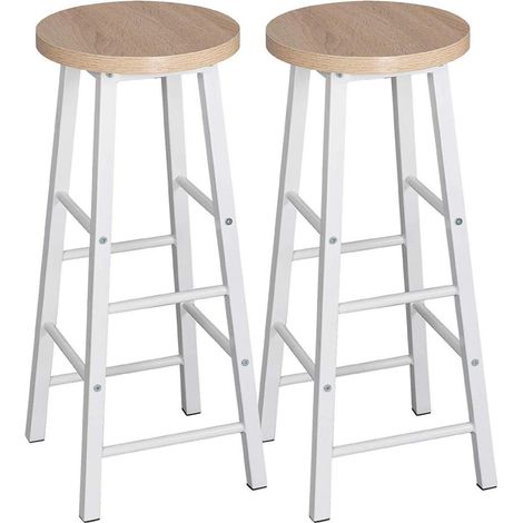 WOLTU 2 Sgabelli Legno da Bar Coppia Sedie Cucina Alta Gambe in Metallo Vintage Rovere+bianco
