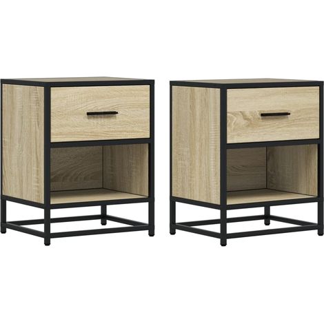Conjunto de 2 mesitas de noche con cajón y compartimento abierto 40 x 31 x 50 cm madera contrachapada color roble y acero DEC035229