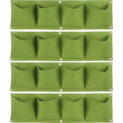 Juego de 4 bolsas de cultivo reutilizables para montaje en pared, hechas de fieltro biodegradable con 4 bolsillos, color verde.