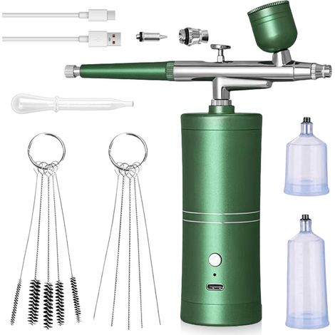 Kit aérographe avec compresseur, kit aérographe portable sans fil, rechargeable, pistolet pulvérisateur multifonction double action pour nail art, tatouages, maquillage, modélisme (vert) (1/5)
