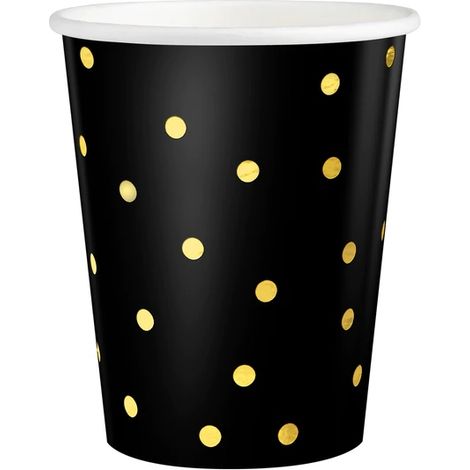 Bicchieri di carta neri con pois dorati, 6 pezzi, da 1 ml. (1/3)