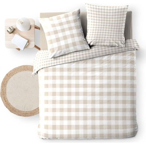 Parure de Lit 100% Coton – Housse de Couette et Taie d’Oreiller – Fermeture Pressions Discrètes – Victoire – Certifiée Oeko-TEX - 240x220cm - beige