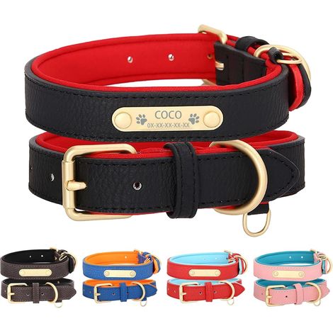 Collier pour Chien Personnalisé Gravé Nom & Téléphone en Cuir PU Coussin Néoprène Réglable Design Bicolore (L: Tour de Cou 43-53cm, Larg. 3.0cm) (1/5)
