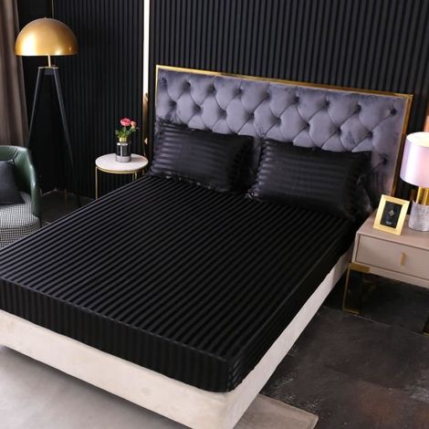Drap Housse en Satin 198x203x35cm + taie d'oreiller 25075cm - Satin de Soie Doux Respirant Extensible Protège Matelas Drap - Noir (1/4)