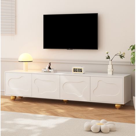 Meuble TV 180x40x45 cm blanc en panneau de particules avec rangement, 5 pieds, pour téléviseur 75 pouces (1/5)