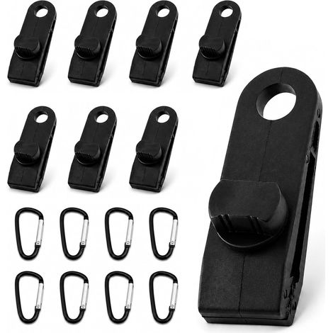 16 Pièces Kit Fixation Bâche - 8 Pinces 8x3x2,5 cm + 8 Mousquetons 47 mm, en PP, pour Camping, Voile d’Ombrage, Couvertures Auto et Camion (Noir) (1/5)
