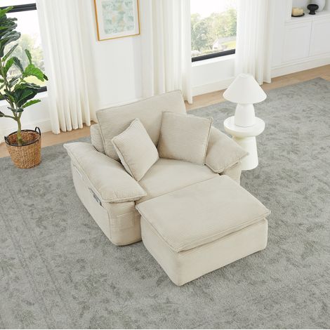 Canapé modulaire avec repose-pieds et poches de rangement, en tissu beige, 156x125x65 cm (1/5)