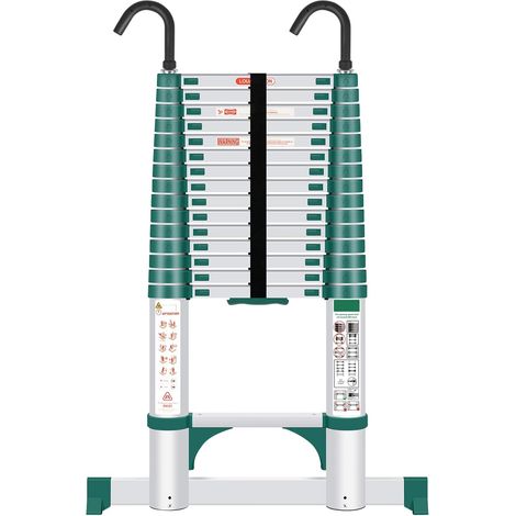Échelle Télescopique Pliante en Aluminium 4,7m Vert Résistance Echelle Extensible, Stabilisateur Triangulaire, Antidérapante, Extérieur Toit et Domestique (1/5)
