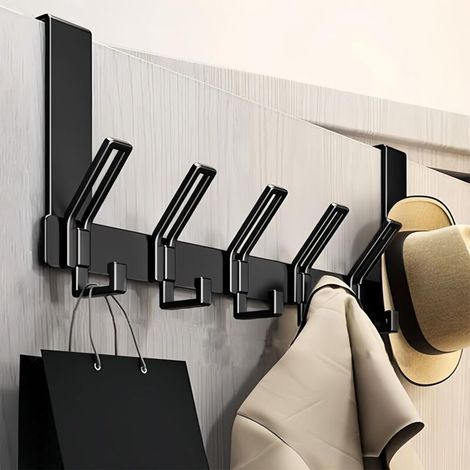 Türhänger mit 6 schwarzen Aluminiumhaken – Maximale Traglast 20 kg – Doppelhaken-Design – Ideal für Küche, Schlafzimmer und Badezimmer (1/5)