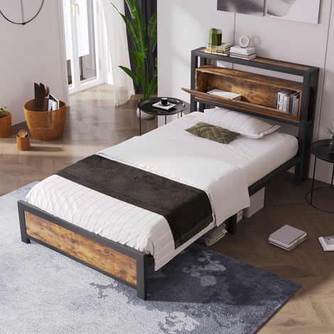 Cama individual con cabecero almacenaje metal natural OKMYHOME (1/5)