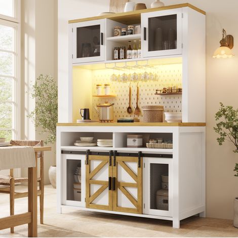 Armario alto de cocina blanco 120x40x174,5 cm, MDF y metal, con LED, toma de corriente 16A, puerto USB y puertas correderas