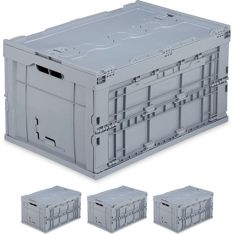 Set of 4 Relaxdays Professional Storage Boxes, Sturdy, Commercial Crate, Lidded, 60x40x32cm, Grey (1/5)