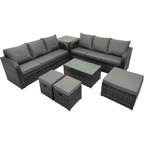 Fimous Outdoor 3 Seater Sofa Coffee Table Set Garden Rattan Furniture Set 9 Seater with 3 Stool Side Table Dark Grey (1/5)