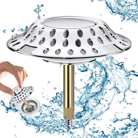 CCYKXA 2-in-1 Stainless Steel Bath Plug with Hair Filter, 72mm Adjustable Height Bath Drain Plug, Universal Design, Chrome-Plated Brass Drain Catcher, Drain Hole Opening 36-44mm (1/5)