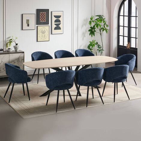 Ensemble table 240 cm effet travertin + 8 chaises tissu bouclette bleu (1/5)