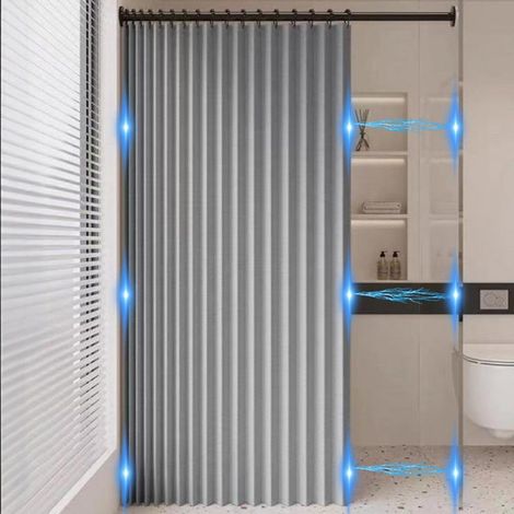 Rideau de Douche Magnétique Pliable Imperméable avec Crochets, Résistant aux éclaboussures, Rideaux de Douche en Polyester Lin pour Salle de Bain, Gris, 200x200cm (1/2)