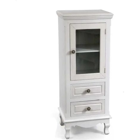 Mobile Perla, 40 x 30 x 100 cm, klassisch, weiß, shabby chic, mit Glasfront und 2 Schubladen