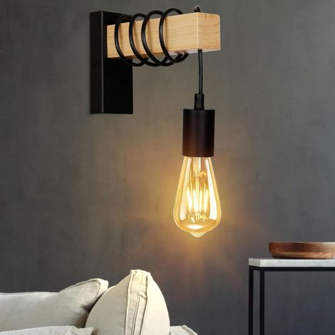 Applique Murale Rétro Lampe Murale en Bois Longueur de Câble Douille E27, Design Vintage Industriel, Rétro Applique pour le Couloir, Maison, Bar, Café, Chambre, Salon (Sans Ampoule), Noir (1/5)