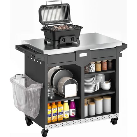 Beyamis 5-stöckiger Grillwagen mit Edelstahl-Arbeitsplatte, verstellbaren Ablagen, Schublade, Rollen, Gewürzhalter und Abfallbehälterhalter