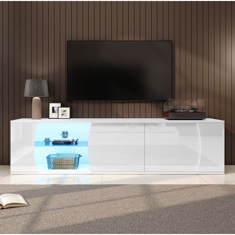 Mobile TV 180x40x45 cm bianco in truciolare con LED, 3 ante e ripiani in vetro temperato (1/5)