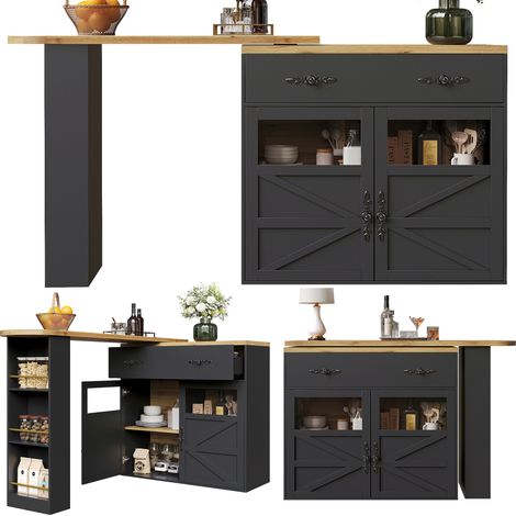 Table bar extensible avec rangement (138-204×39×104cm), comptoir pivotant 360°, îlot de cuisine moderne sur roulettes, table de bistrot noire avec étagères (1/5)
