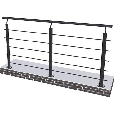 Garde-corps - Aluminium Noir - 200cm - Avec 5 traverses et 1 main courante - Intérieur et extérieur - Rampe d'escalier pose à plat (1/5)