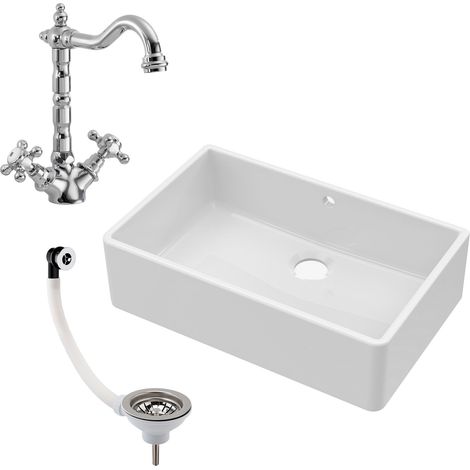 Fireclay 795mm 1 Bowl Butler Kitchen Sink - French Classic Tap & Overflow - Ceramic Kitchen Sink & Tap Package (1/5)