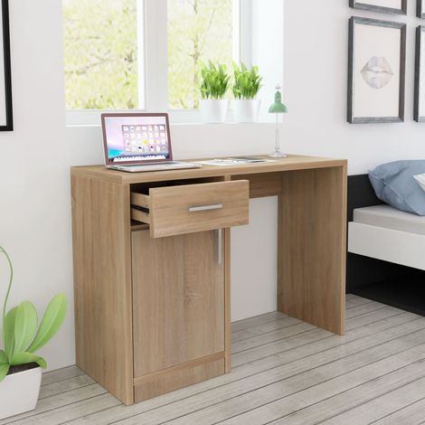Bureau avec tiroir et placard, Table de travail, Meuble de Bureau 100 x 40 x 73 cm Chêne HYB88406 (1/5)