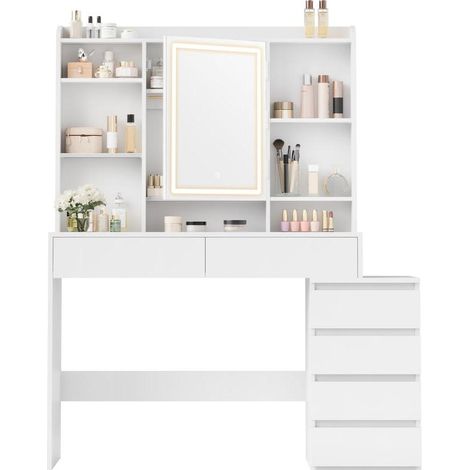 Coiffeuse moderne avec grand miroir lumineux réglable 40 x 118 x 145 cm en panneau d'aggloméré blanc (1/2)