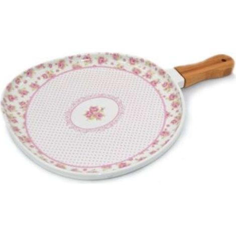 Paletta Vassoio in Porcellana con Manico in Legno Decoro Rose 24 cm