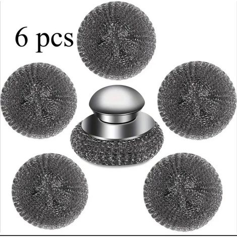 6-teiliges Drahtbürsten-Set aus Edelstahl mit Griff zur Reinigung von Pfannen, Töpfen, Öfen, Grills, Spülbecken und hartnäckigen Flecken (1 Griff + 5 Pads)
