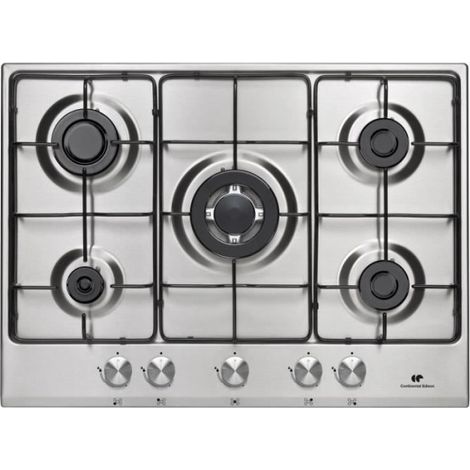 Continental Edison – Plaque de cuisson gaz 5 foyers – 1 triple couronne inox – Surface en acier inoxydable – Allumage automatique – Dimensions 70x51,5cm