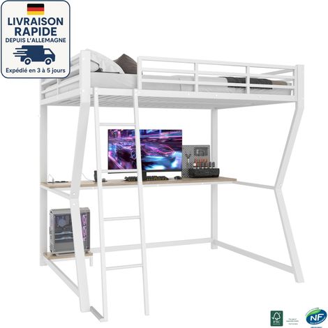 MODFU - Letto 90×200cm - Letto a soppalco per adulti e bambini 140x200cm, con LED e tavolo, presa + USB, anticaduta, senza materasso, metallo, bianco (1/5)