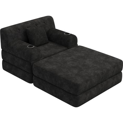 Fauteuil lit compact 1 place en velours côtelé noir avec repose-pieds, dossiers hauts et rangements (1/5)
