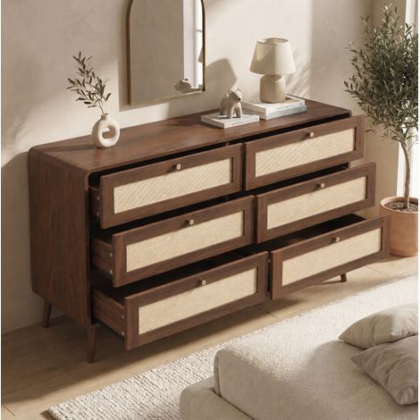 Cómoda de 6 cajones 120x40x80 cm en MDF y ratán PE, nogal, para dormitorio – MEUBLIV (1/5)