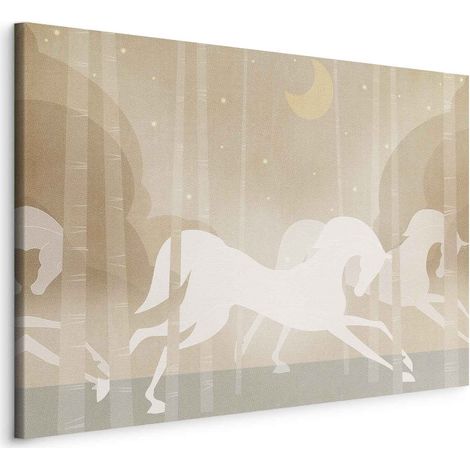 Pintura - Caballos lunares - Caballos galopando entre los árboles en una noche estrellada / Caballos corriendo de noche (1/3)