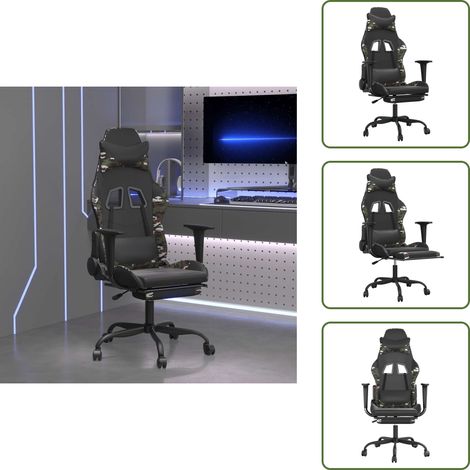 Cuero sintético - vidaXL Silla gaming masaje reposapiés cuero sintético negro camuflaje - Asiento ajustable