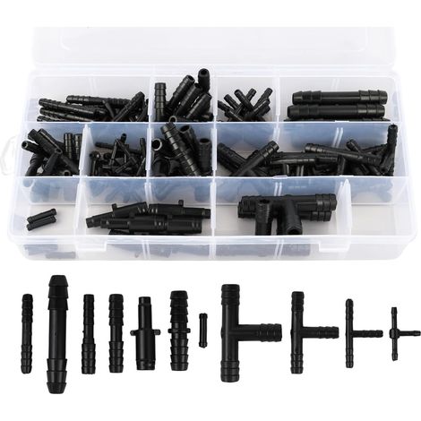 113 Pièces Ensemble de Connecteurs de Tuyau, Raccord Tubulaire, Tuyau en T Universels Noirs, Kit Complet pour Systèmes d'Irrigation- 12 Tailles Différentes, Connecteurs Droits, en T et Réducteurs (1/5)
