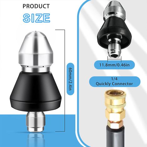 Ortviai Douille de Nettoyage Haute Pression pour Tuyau d'Égout en Acier Inoxydable, 1 Jet Avant + 3 Jets Arrière, Raccord Rapide 1/4" (1/4)
