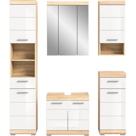 Set da bagno LEWOTO – 1 colonna, 1 mobile sotto lavabo, 1 armadietto con specchio, e 2 mezze colonne – Bianco e rovere