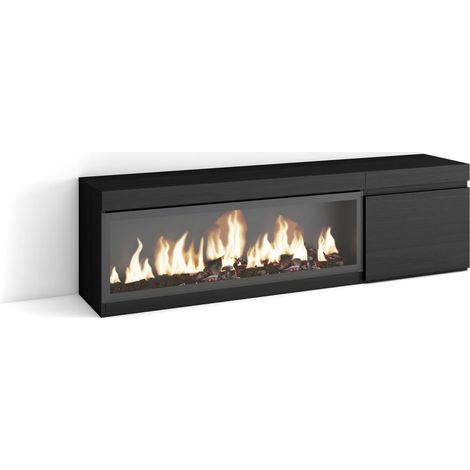 Skraut Home – Meuble TV noir avec cheminée électrique LED – Grand espace de rangement 158x35x45cm – Pour TV jusqu'à 65" – Style moderne (1/5)