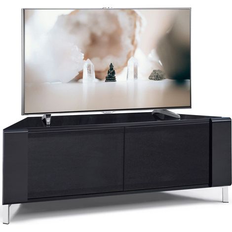 MDA Designs CORVUS Corner-Friendly Gloss Black Contemporary Cabinet with BeamThru Glass Doors Modern Space-Saving Stand for Flat Screen TVs up to 50" (1/5)