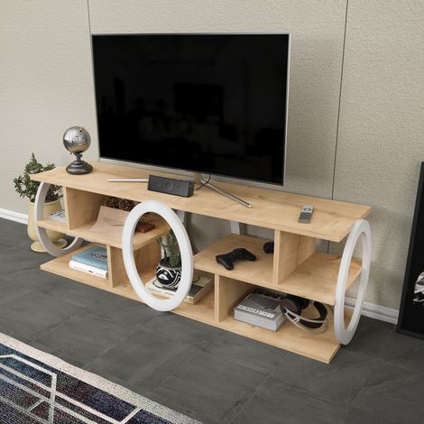 Decorotika Fale 140 Cm Wide Modern Meuble TV  TV Cabinet Open Shelf Meuble TV - Lowboard Up To 51 TVs - Sapphire Oak Pattern And Blanc (1/5)
