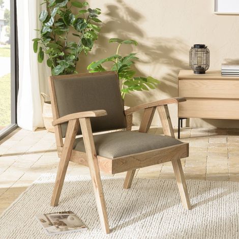 DAK - Fauteuil en bois de Mindi, assise en tissu kaki chiné (1/5)