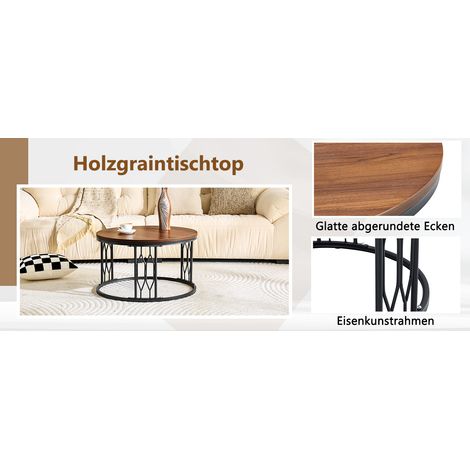 Runder Couchtisch mit Holzoptik-Platte und Metallgestell, moderner Wohnzimmertisch mit geometrischem Eisenrahmen, stabiler runder Beistelltisch, ca. 70x40,5 cm (1/5)