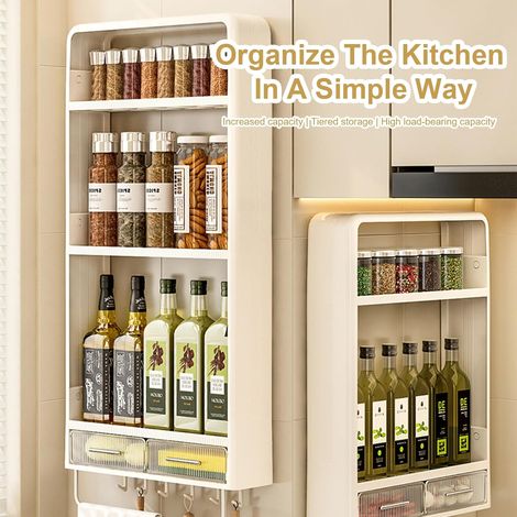 Étagère à épices murale à 3 niveaux, organiseur de bocaux pour placard, rangement gain de place, étagères avec tiroir + 6 crochets + porte-serviettes pour porte de garde-manger, cuisine, chambre, auto (1/4)